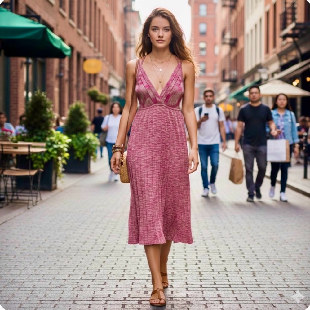 Arden B Pink Pleated Sundress with Plunge Neckline